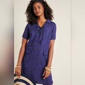 Anthropologie Finley Lace-Up Linen Blend Shirtdress blue 2